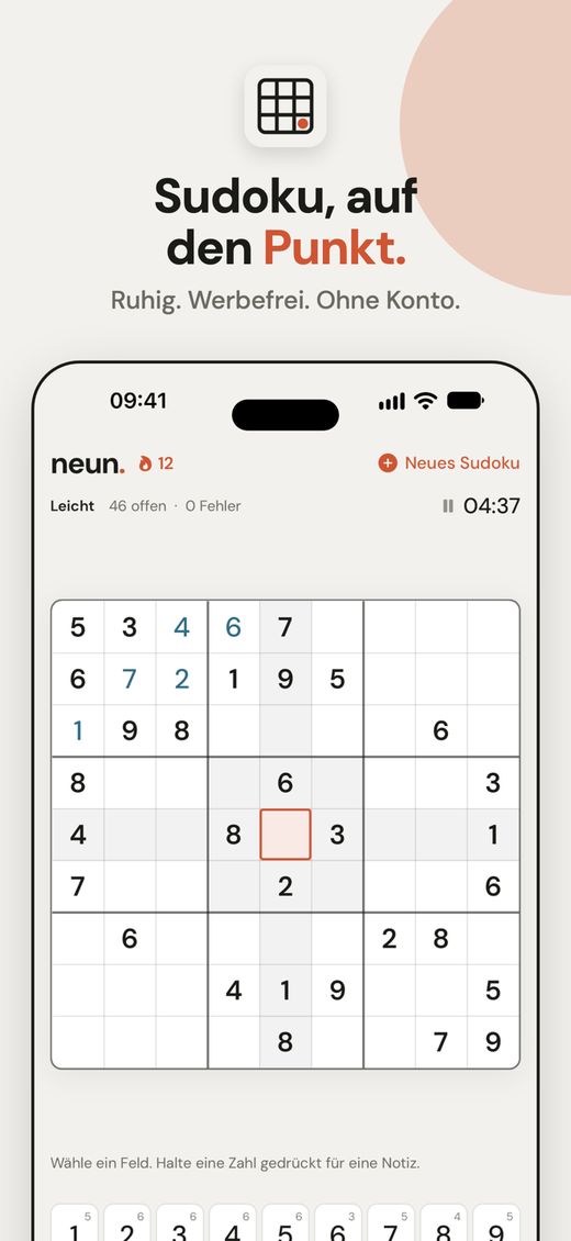 Sudoku-Spielfeld in neun.: „Sudoku, auf den Punkt. Ruhig. Werbefrei. Ohne Konto.“